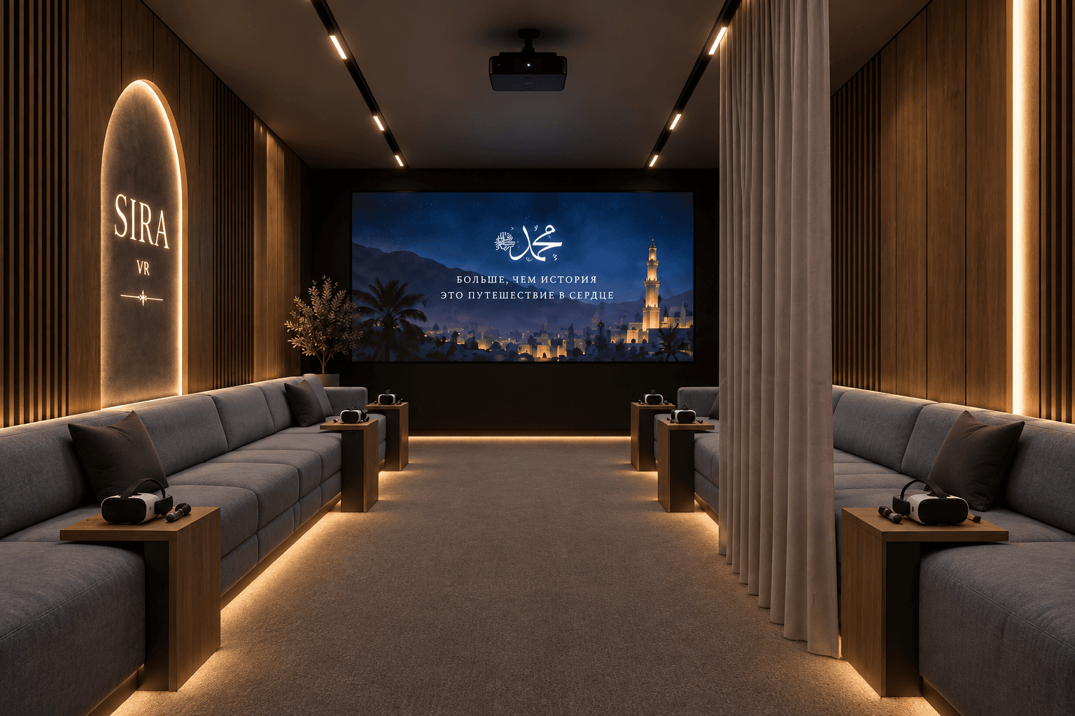 Панорама тёплого VR-зала Umra Hadj с мягкими диванами