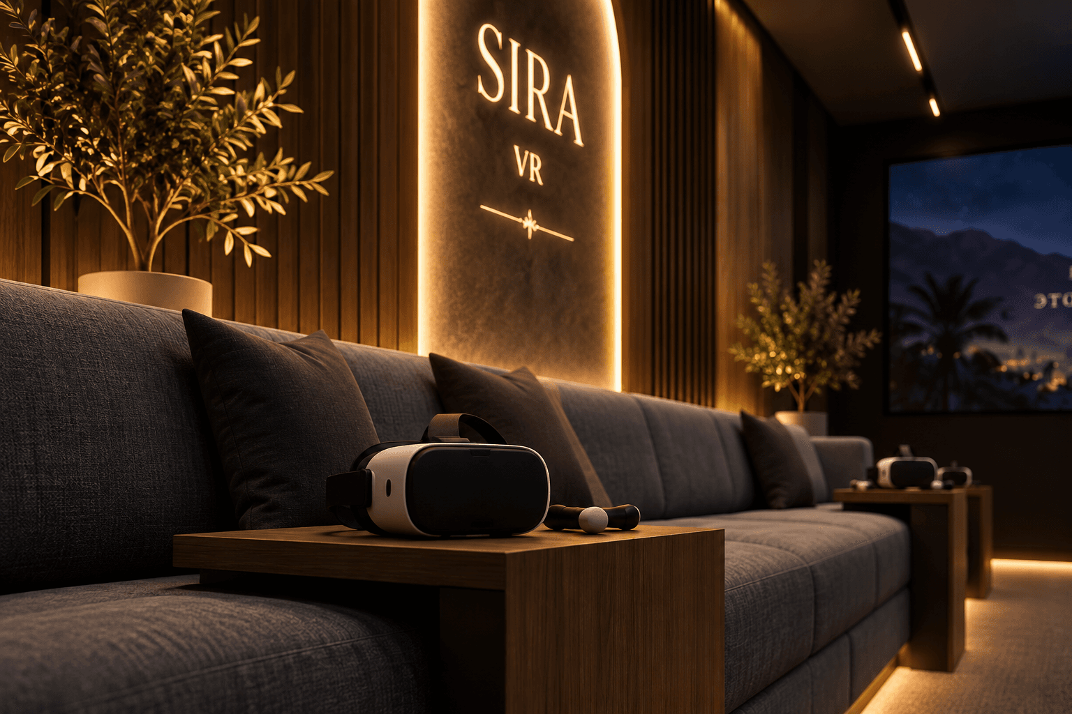 Комфортная зона отдыха с мягким диваном и знаком SIRA VR